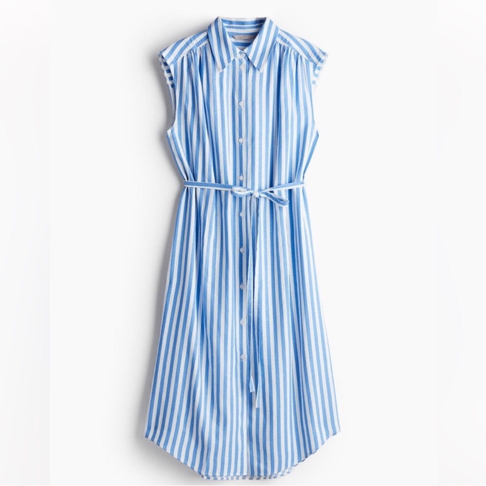 H&M Linen Blend White and Blue Striped Shirt Dress M